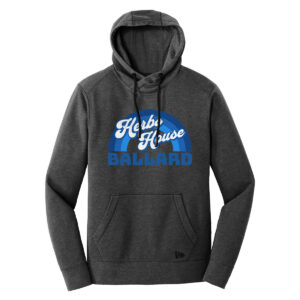 Men's New Era lightweight charcoal hoodie featuring the Herbs House Ballard rainbow logo