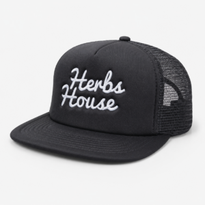 Black Herbs House trucker hat featuring the white script logo.