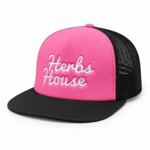 Pink Herbs House trucker hat featuring the white script
